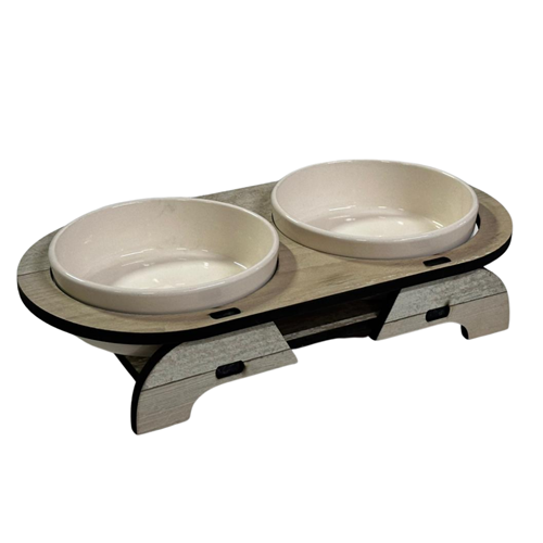 İkili Ahşap Ayaklı Seramik Mama ve Su Kabı