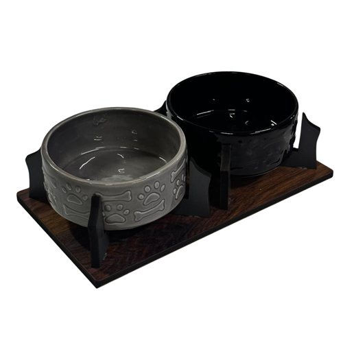 İkili Ahşap Ayaklı Seramik Mama ve Su Kabı