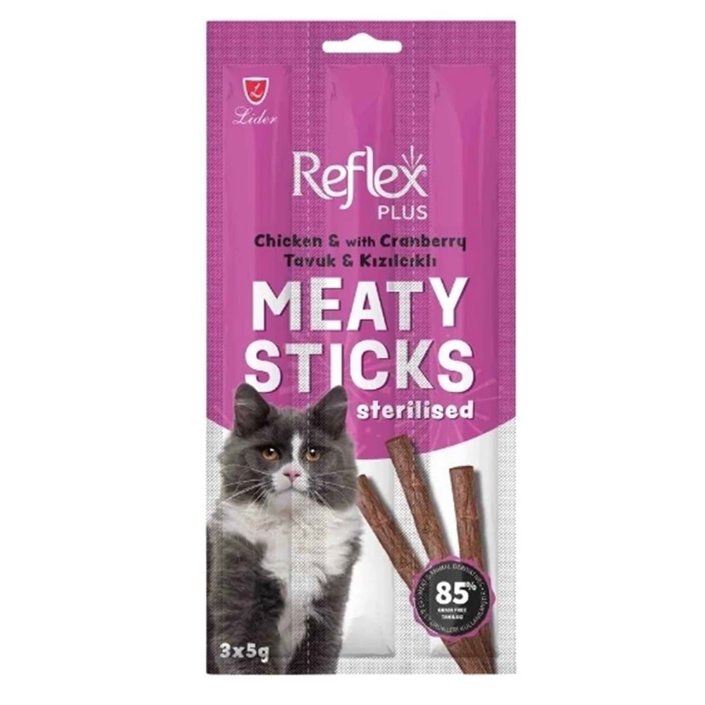 Reflex Plus Sterilised Kedi Tavuk ve Kızılcıklı Sticks 3x5 Gr